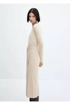 Платье в рубчик с запахом Mango, бежевый