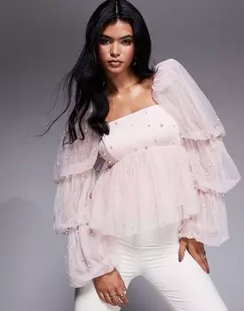 Платье в стиле бэби-долл ASOS LUXE из розового тюля с жемчужной отделкой