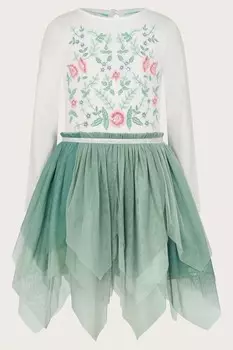 Платье в стиле диско из тюля с цветочным узором и длинными рукавами Monsoon, зеленый