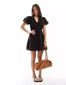 Платье Wednesday's Girl из льна с завязками и рукавами-фонариками черного цвета