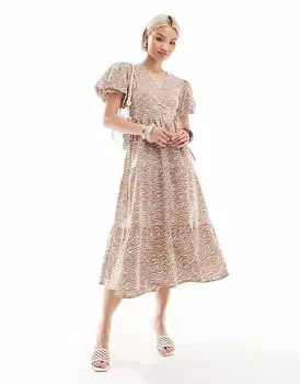 Платье Wednesday's Girl с рукавами-фонариками, миди, многослойное, с принтом зебры коричневого цвета