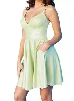 Платье выпускного вечера с завышенной талией и бретельками-спагетти светло-зеленого цвета JVN