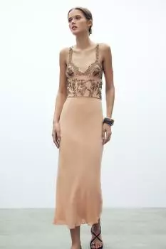 Платье, вышитое бисером ZARA, цвет Peach