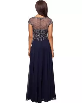 Платье XSCAPE Long Chiffon with Embroidered/Beaded Top, цвет Navy/Gunmetal