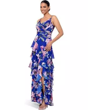Платье XSCAPE Long Floral Asymmetric Tier, цвет Blue/Blush