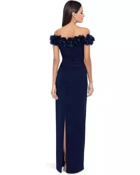 Платье XSCAPE Long Scuba Crepe Off-the-Shoulder Flower Appliques, темно-синий