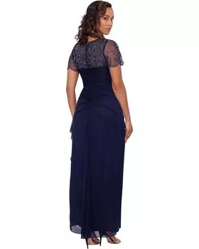 Платье XSCAPE Long Sheer Matte Jersey Side Ruched Bead Flutter Sleeve, темно-синий