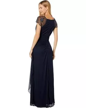 Платье XSCAPE Long Sheer Matte Jersey Beaded Dress with Cap Sleeve, темно-синий