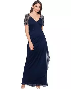 Платье XSCAPE Long Sheer Matte Jersey Beaded Flutter Sleeve, темно-синий