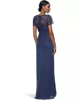 Платье XSCAPE Long Sheer Matte Jersey Bead Yoke Short Sleeve, угольный