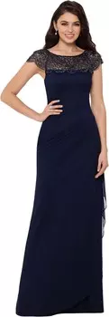 Платье XSCAPE Long Sheer Matte Jersey with Bead Top, цвет Navy/Navy