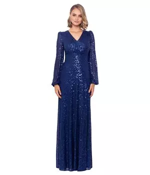 Платье XSCAPE, Long Sleeve Long V-Neck Sequin Gown