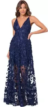 Платье XSCAPE Long Soutache Mesh V Neck, темно-синий