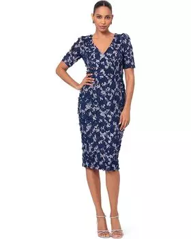 Платье XSCAPE Midi 3D Embellished V-Neck Short Sleeve, цвет Navy/Blush
