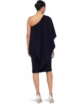 Платье XSCAPE Midi Scuba Crepe One Shoulder Cape, темно-синий