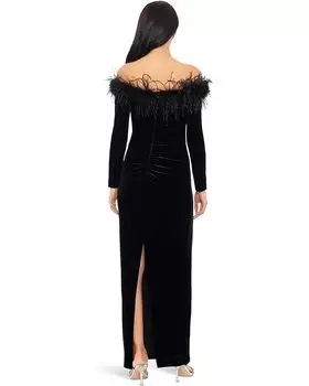 Платье XSCAPE Off-the-Shoulder Long Sleeve Velvet with Feathers, черный