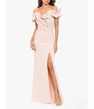 Платье Xscape с эластичной оборкой и открытыми плечами и рюшами на спине, розовый