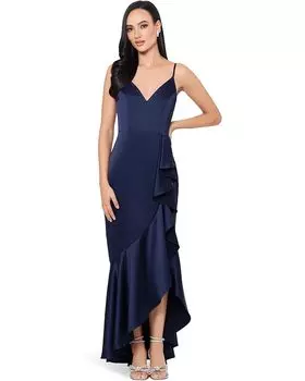 Платье XSCAPE Satin With A Fun Side Ruffle Makes For A Flattering Yet Elegant, темно-синий