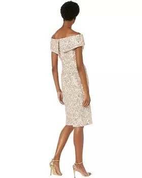 Платье XSCAPE Short Sequin Lace Off-the-Shoulder, песочный