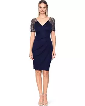 Платье XSCAPE Short Sheer Matte Jersey Flutter Sleeve, темно-синий