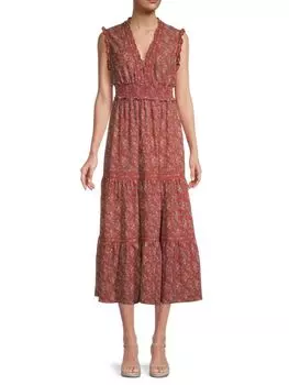Платье Ярусное без Рукавов Max Studio с цветочным принтом и рюшами, rust