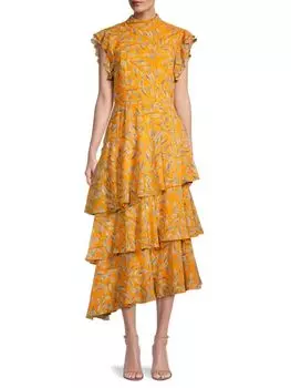 Платье Ярусное Mikael Aghal с принтом в виде листьев, желтый