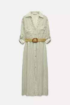 Платье Zara Belted Striped Shirt, кремовый/хаки