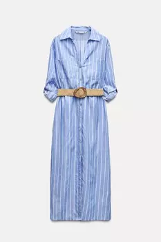 Платье Zara Belted Striped Shirt, синий/белый