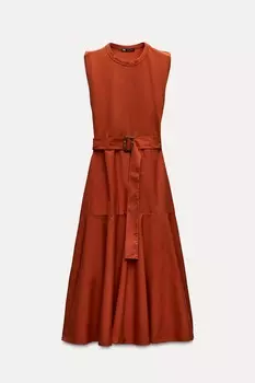 Платье Zara Contrast Midi With Belt, оранжевый