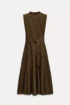 Платье Zara Contrast Midi With Belt, хаки