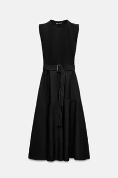 Платье Zara Contrast Midi With Belt, черный