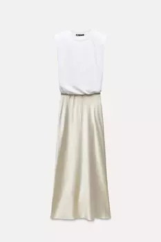 Платье Zara Contrast Satin Midi, светло-бежевый