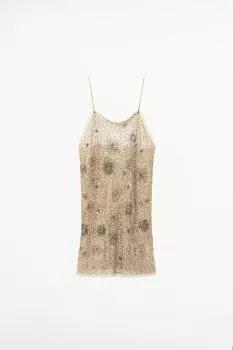 Платье Zara Crepe Embroidery And Beads, бежево-розовый