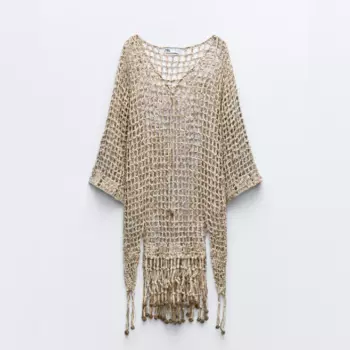 Платье Zara Crochet Kaftan With Tassels, песочный