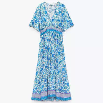 Платье Zara Floral Print, синий/белый