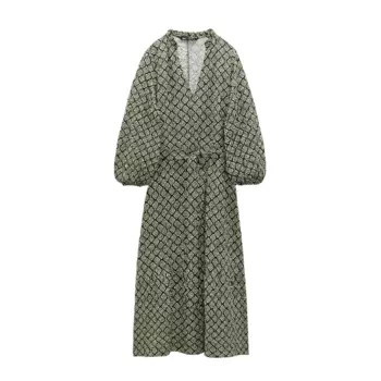 Платье Zara Geometric Print, экрю/зеленый
