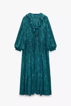 Платье Zara Long Jacquard With Ruffles, зеленый