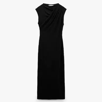 Платье Zara Midi With Draped Detail, черный