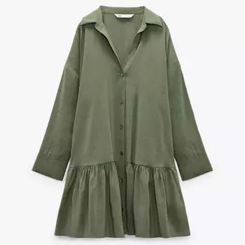 Платье Zara Mini With Ruffled Hem, темный хаки
