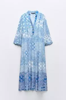 Платье Zara Panelled Printed, экрю/синий