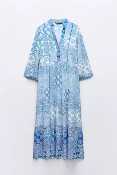 Платье Zara Panelled Printed, экрю/синий