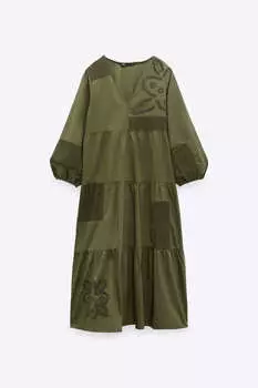 Платье Zara Poplin Embroidered Midi, хаки