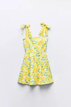 Платье Zara Printed Linen Blend Mini, желтый