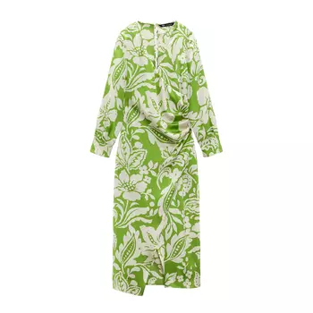 Платье Zara Printed Midi, экрю/зеленый