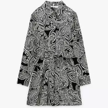 Платье Zara Printed With Belt, черный/белый