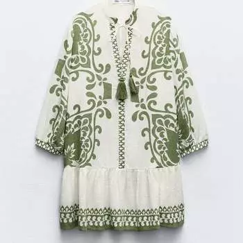 Платье Zara Rustic Printed Mini, кремовый/хаки