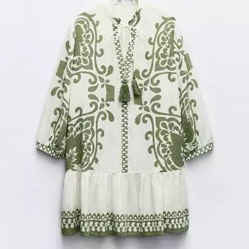 Платье Zara Rustic Printed Mini, кремовый/хаки