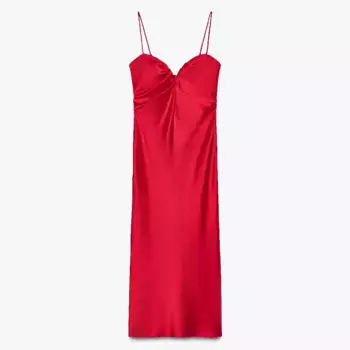Платье Zara Satin Sweetheart Neckline Midi, красный