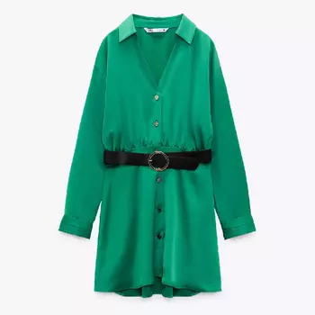 Платье Zara Satin With Belt, зеленый