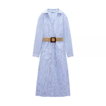Платье Zara Striped Midi With Belt, синий/белый